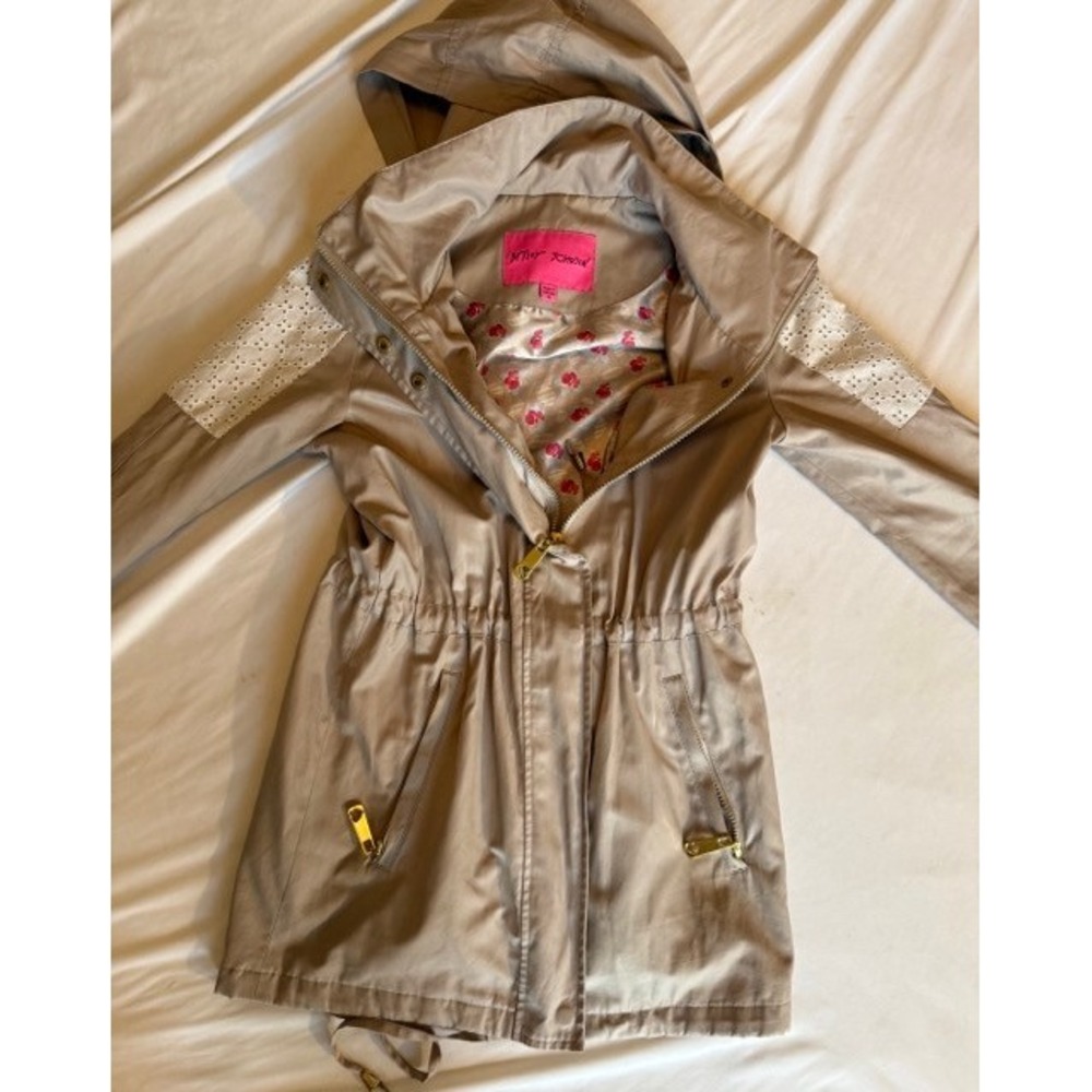 Betsey Johnson Khaki Parka Jacket Eyelet Lace Hooded Utility Coat Tan XS - Picture 7 of 7